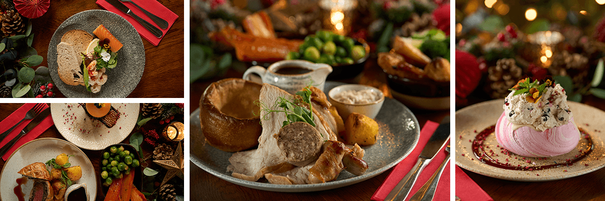 Christmas food collage showcasing the festive dishes available at The Broughton Inn in Preston