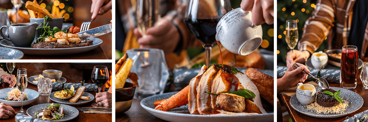 Christmas food collage showcasing the festive dishes available at The Roundhay Fox in Leeds