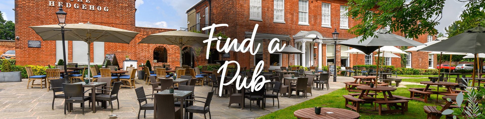 A photograph of a Vintage Inns pub, with the words “Find a pub” superimposed on it